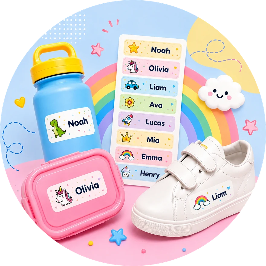 Personalised name labels applied to a water bottle, a lunchbox and a shoe, beside a sheet of name stickers