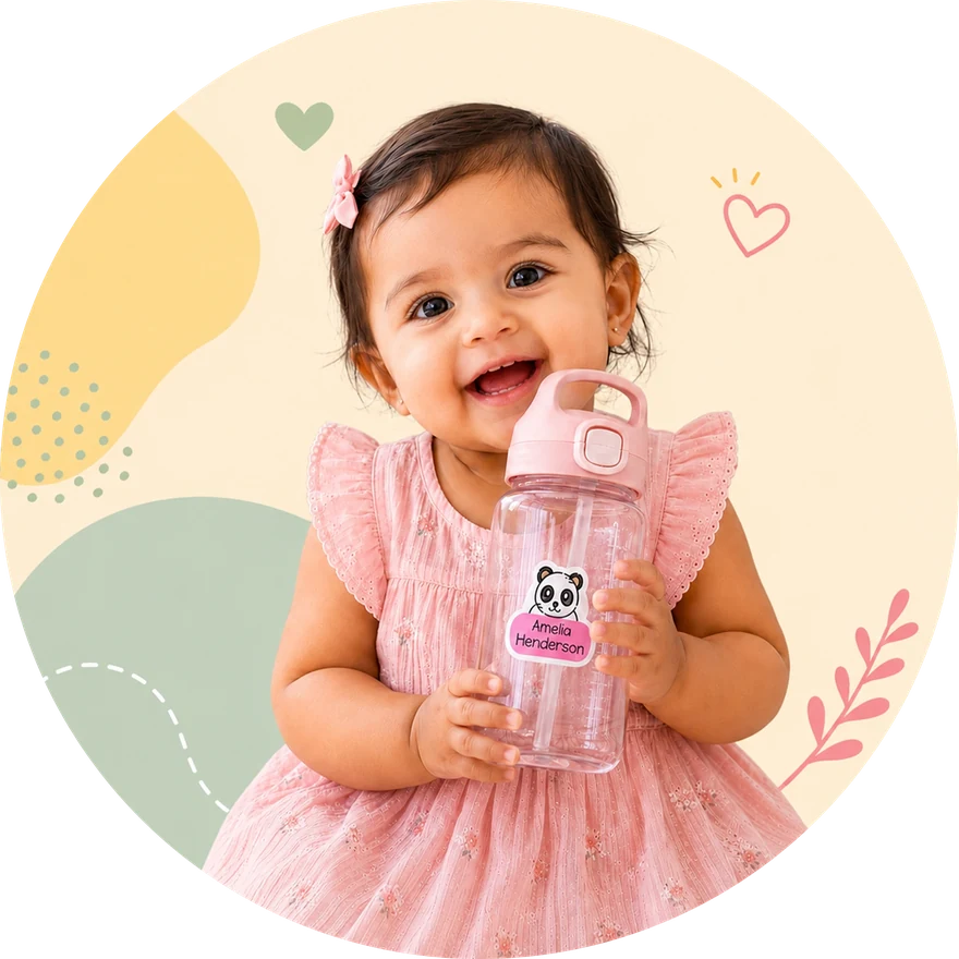 A toddler holding a pink water bottle with a personalised panda name label